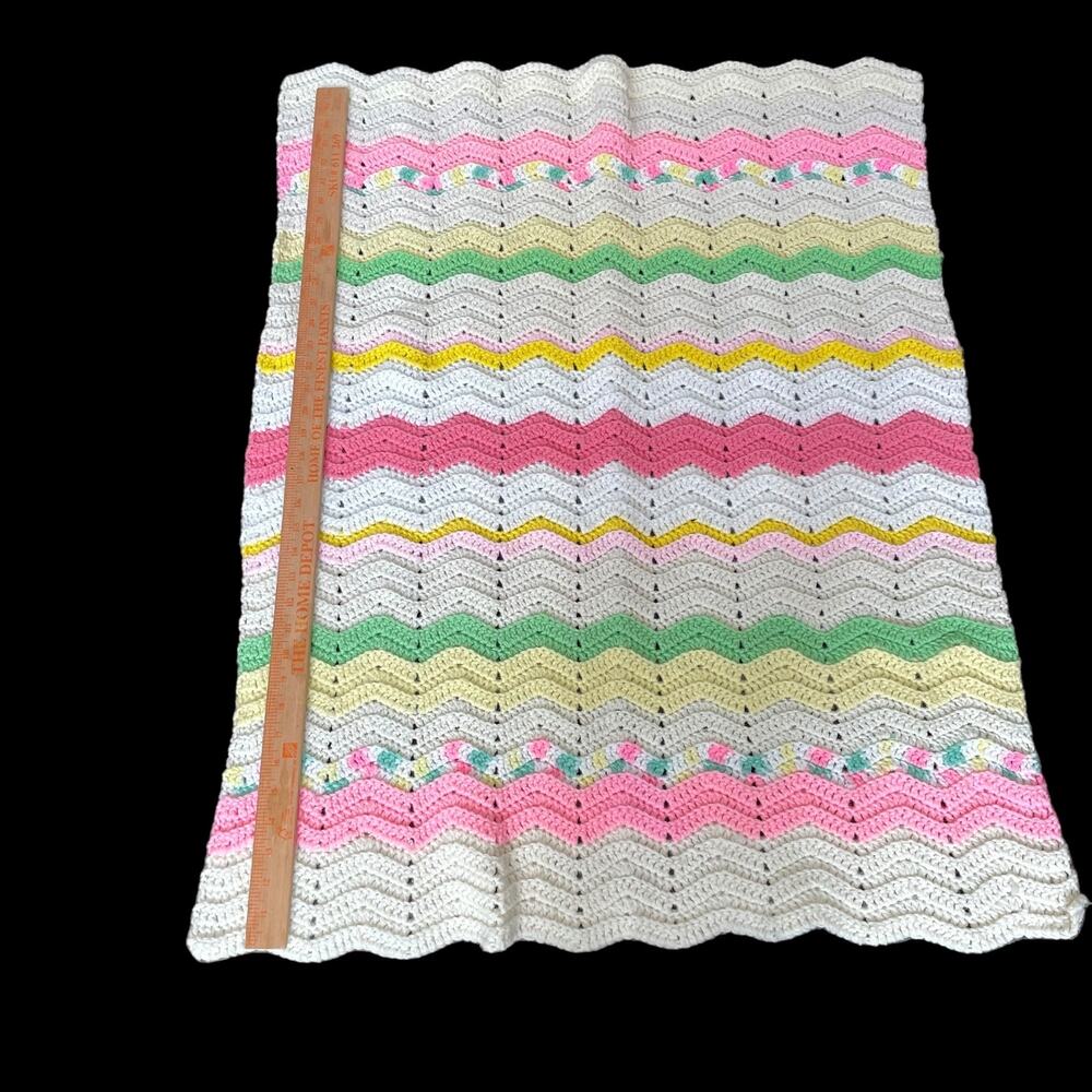 Handmade Crochet Baby Blanket Pastel Chevron Knit Pink Green White Yellow